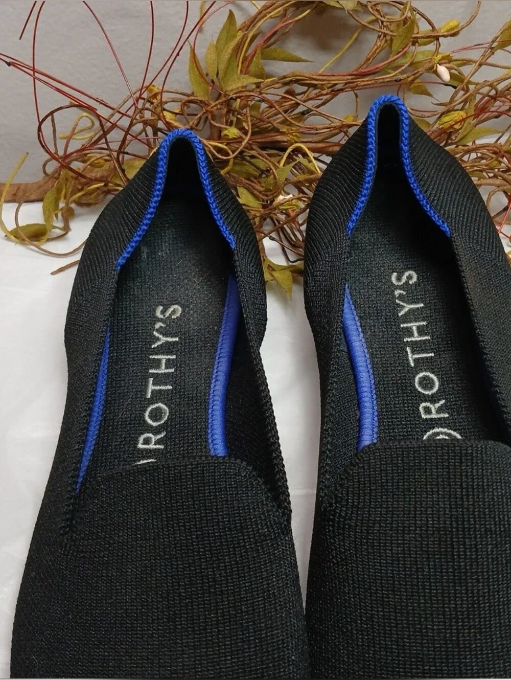 Rothy's Black Knit Slip-On Loafers with Blue Trim